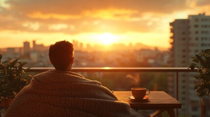 Enjoying a peaceful morning with coffee and a blanket while watching a stunning sunrise over the city skyline. Generative AI