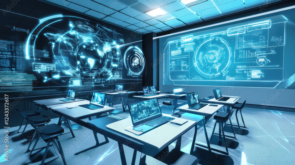 Poster futuristic smart classroom featuring advanced technology, interactive displays, and multiple laptops