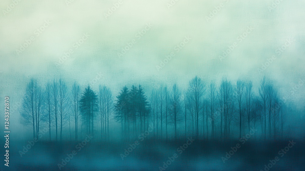 Poster elegant pencil silhouette of a forest at twilight with mist and soft colors creating a serene atmosp