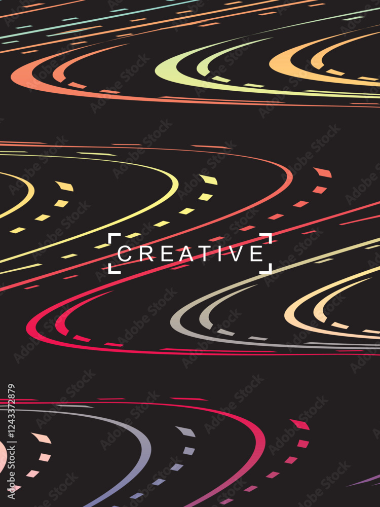 Fototapete futuristic abstract technology shining rainbow light lines on modern line pattern black background. 