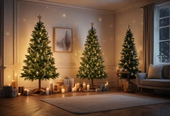 Spruce Christmas tree in a decorated room with candles and fairy lights, candle, room decoration, cozy atmosphere