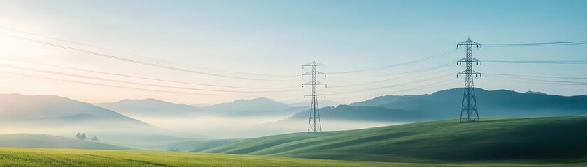 Serene landscape featuring rolling hills and power lines under a soft morning light, showcasing nature and industry in harmony. green energy and clean electric concept.