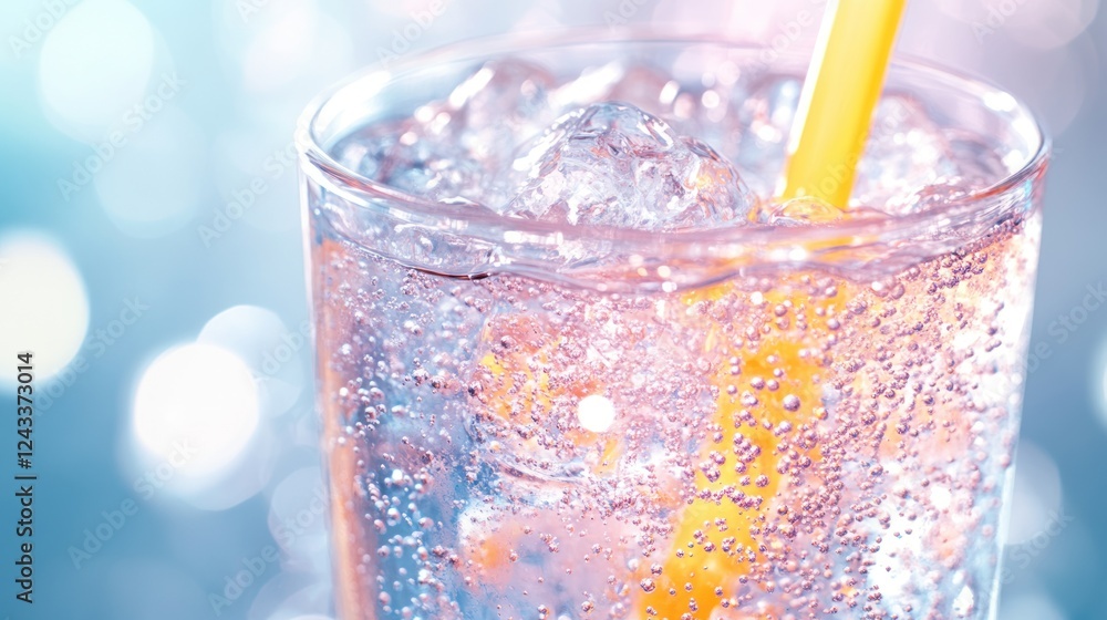 Poster refreshing sparkly drink with ice and a straw on a sunny day in a vibrant setting. generative ai