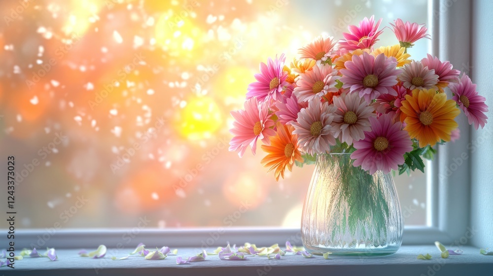 Aufkleber colorful flower bouquet resting on a windowsill with soft sunlight filtering through. generative ai