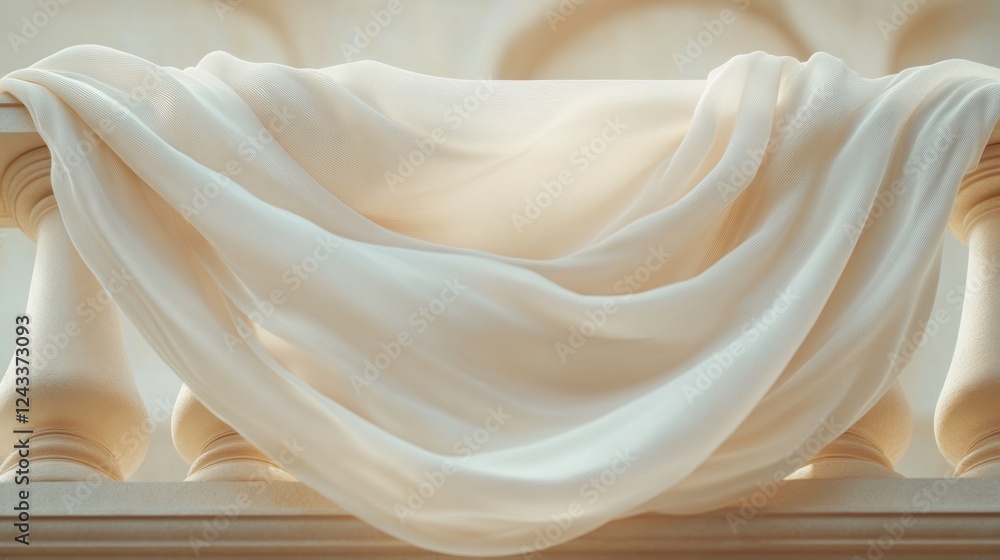 Poster soft, flowing fabric drapes elegantly over a textured railing in a warm setting filled with light. g