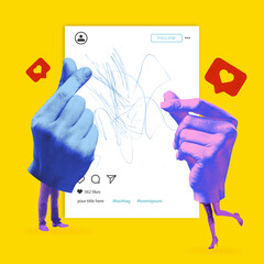 Social Engagement. Two hands form heart gesture around social media post. Digital influence,...