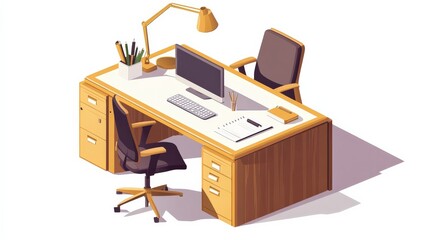 Modern office workspace featuring a wooden desk, computer setup, and stylish decor