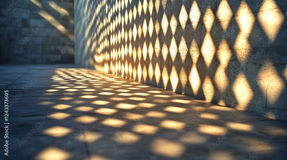 Poster sunlight filters through a patterned wall, creating mesmerizing diamond shadows on the ground. gener