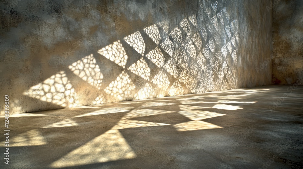 Aufkleber light patterns cast by intricate design on a textured wall in an empty room. generative ai