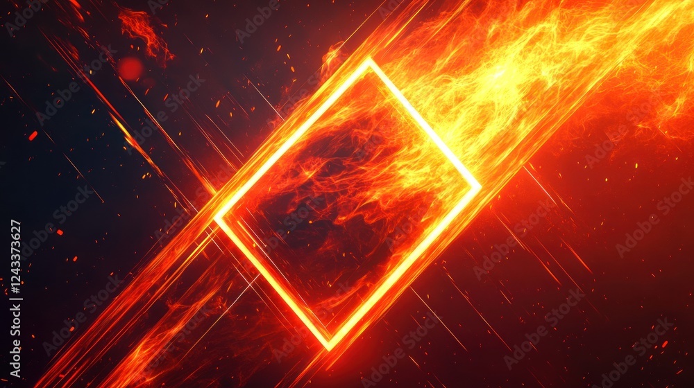 Poster abstract fiery background with glowing frame and dynamic lines conveying energy and movement. genera