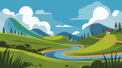 Obraz premium Rolling Hills with River and Distant Mountains