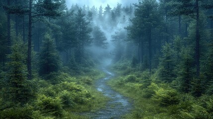 Obraz premium Misty Forest Path Winding Through Lush Green Trees