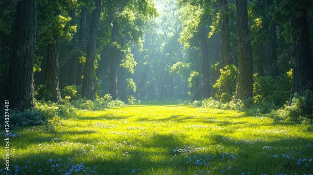 Aufkleber sunlight filters through ancient trees in a tranquil forest meadow filled with wildflowers. generati