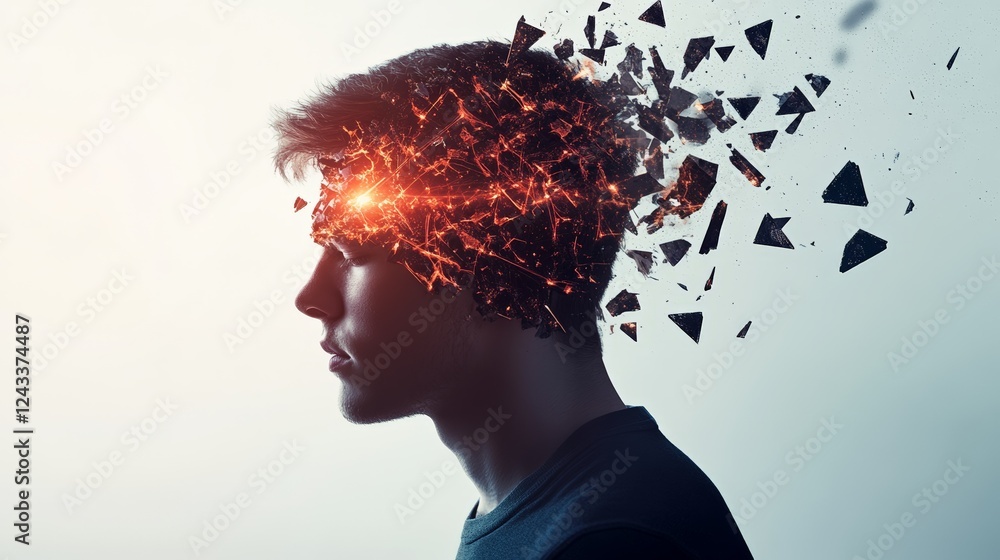 Poster profile of a young man experiencing an explosion of thoughts and information, representing concepts 