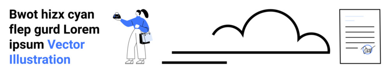 Female character holding a tablet, connected cloud graphic, and signed document icon. Ideal for technology, cloud computing, digital storage, data processing, online services, business solutions