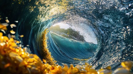 Surfer skillfully rides a stunning barrel wave at sunset on a pristine beach