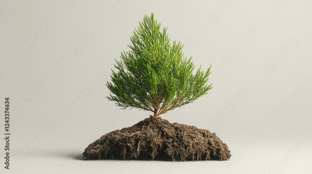 Aufkleber small evergreen tree growing from a mound of soil in a minimalist studio setting. generative ai