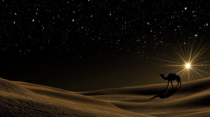 Naklejka premium Desert Camel Silhouette Sunrise Starry Night Sky