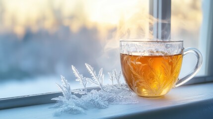 A serene cup of tea rests on a sunlit window sill, inviting tranquility and warmth into the cozy atmosphere of the room.