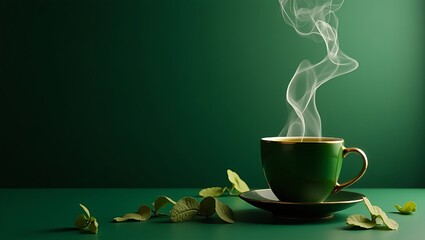 A cup of hot matcha with calm and luxurious green background green themed