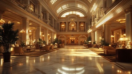 Fototapeta premium Luxurious hotel lobby with elegant decor and warm lighting during late afternoon hours. Generative AI