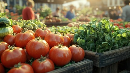 Fresh produce market bustling with activity at sunset featuring vibrant tomatoes and greens. Generative AI