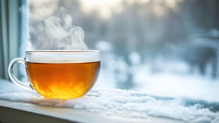 A warm cup of tea rests gently on a sunlit windowsill, inviting comfort and relaxation in a tranquil setting.
