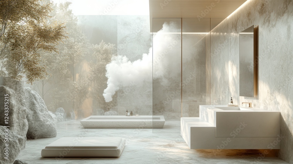 Poster modern bathroom with minimalist design and natural elements in a serene setting. generative ai