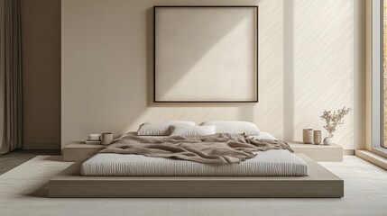Modern minimalist bedroom with soft natural light and neutral tones creating a serene atmosphere. Generative AI
