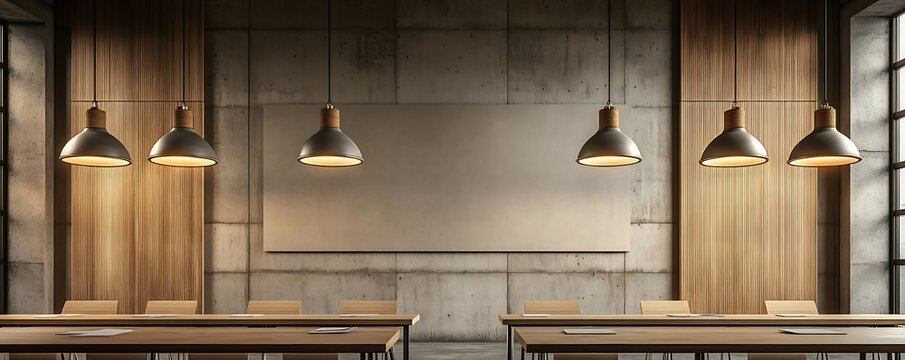 A professional virtual background of an industrial-style meeting room with concrete walls wooden accents and pendant lighting