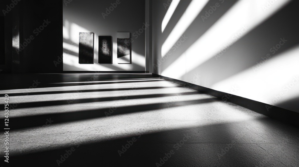 Poster light and shadow interplay in a minimalist gallery space with artworks on display. generative ai
