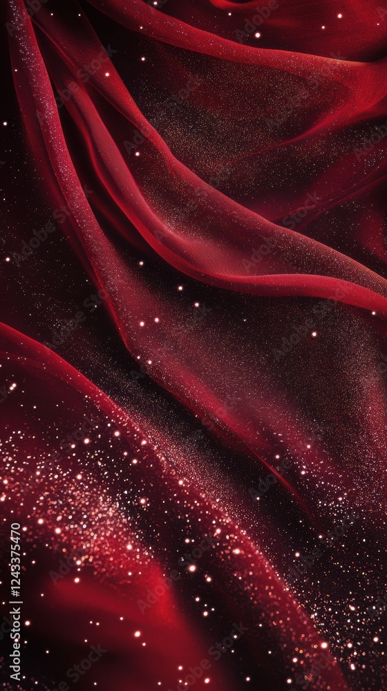 Poster bold ruby red fabric adorned with soft silver sparkles creating an enchanting glow in a beautifully 