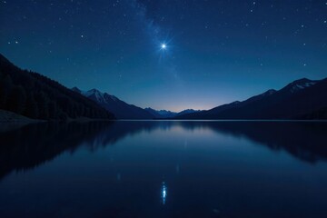 A single star shining over the lake's dark surface, lake, solitary