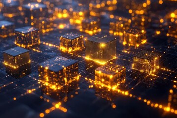 A visually striking representation of interconnected cubes emitting golden light, symbolizing a digital or technological landscape.