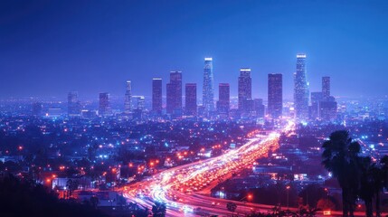 Fototapeta premium City skyline illuminated at night with traffic flowing through downtown Los Angeles. Generative AI