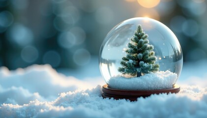 A tiny fir tree is nestled within a snow globe filled with soft white snow and delicate frost, small fir tree, wintry scenery