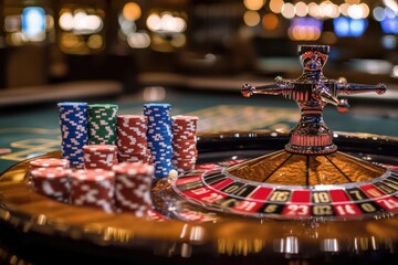 Exciting casino experience with stacks of casino chips luxurious gaming floor roulette table focus elegant atmosphere close-up view high-stakes gambling concept