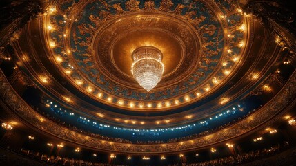 Obraz premium Beautifully lit chandelier and ornate ceiling in historic theater during a performance at night. Generative AI