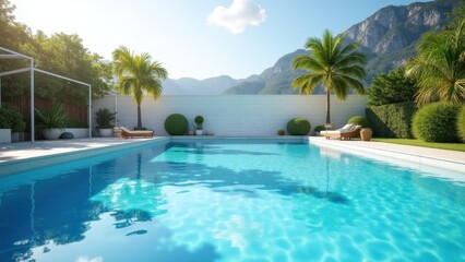 A serene swimming pool surrounded by lush greenery and mountains, perfect for relaxation and leisure.