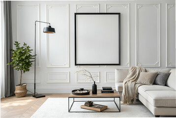 A modern, minimalist living room featuring a blank wall frame, stylish furniture, a floor lamp, and greenery, creating a serene atmosphere for relaxation.