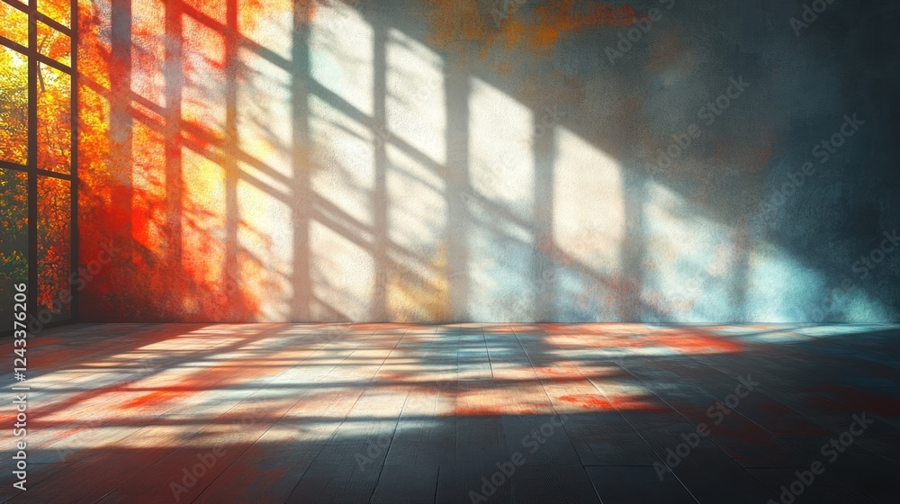 Poster light and shadow interplay creates vibrant hues in an empty room with large windows. generative ai
