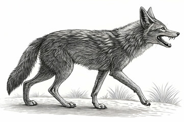 Obraz premium A detailed illustration of a snarling wolf walking on a path, showcasing its sharp features and textured fur in a natural setting.