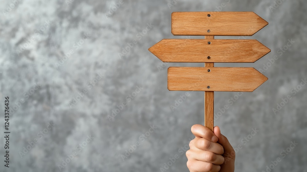 Poster hand holding a wooden directional sign with three blank arrows pointing in different directions agai
