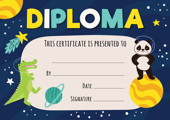 Fototapeta premium Kids diploma certificate with animals astronauts in open space with stars and planets. Template for achievement rewards. Vector cartoon illustration