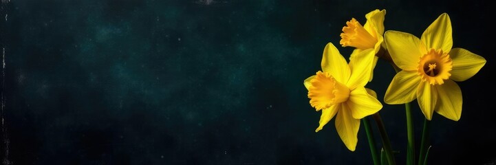 Fototapeta premium Daffodil blooms in yellow against a distressed chalkboard surface, flower, bloom, yellow