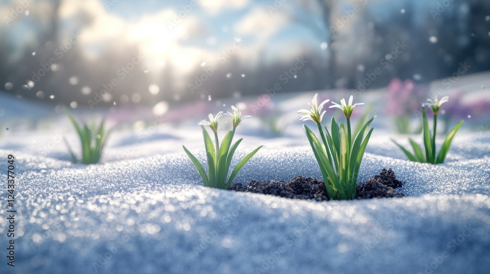 Poster spring flowers bloom through melting snow in a serene landscape at sunset creating a tranquil atmosp