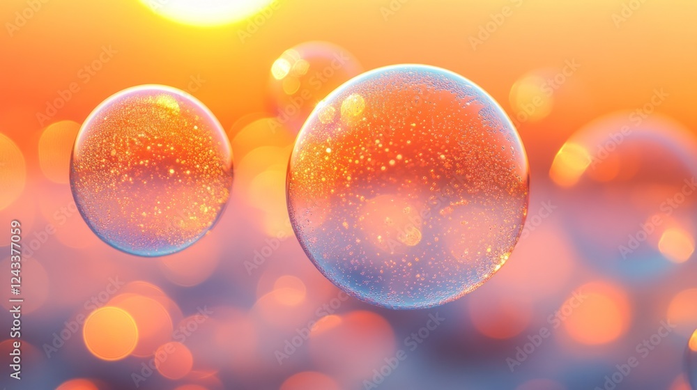Poster sunset reflecting through soap bubbles floating in a dreamlike atmosphere by the ocean. generative a