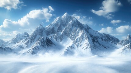 Obraz premium Snow-covered mountain peak rises majestically against a clear blue sky with fluffy clouds. Generative AI