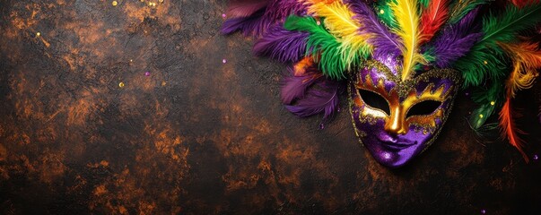 Mardi Gras parade mask beads and feathers decorative dark background