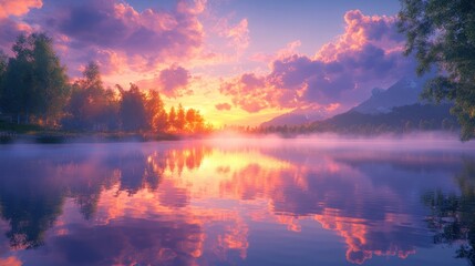 Sunset over a tranquil lake reflecting vibrant colors in a peaceful natural setting. Generative AI